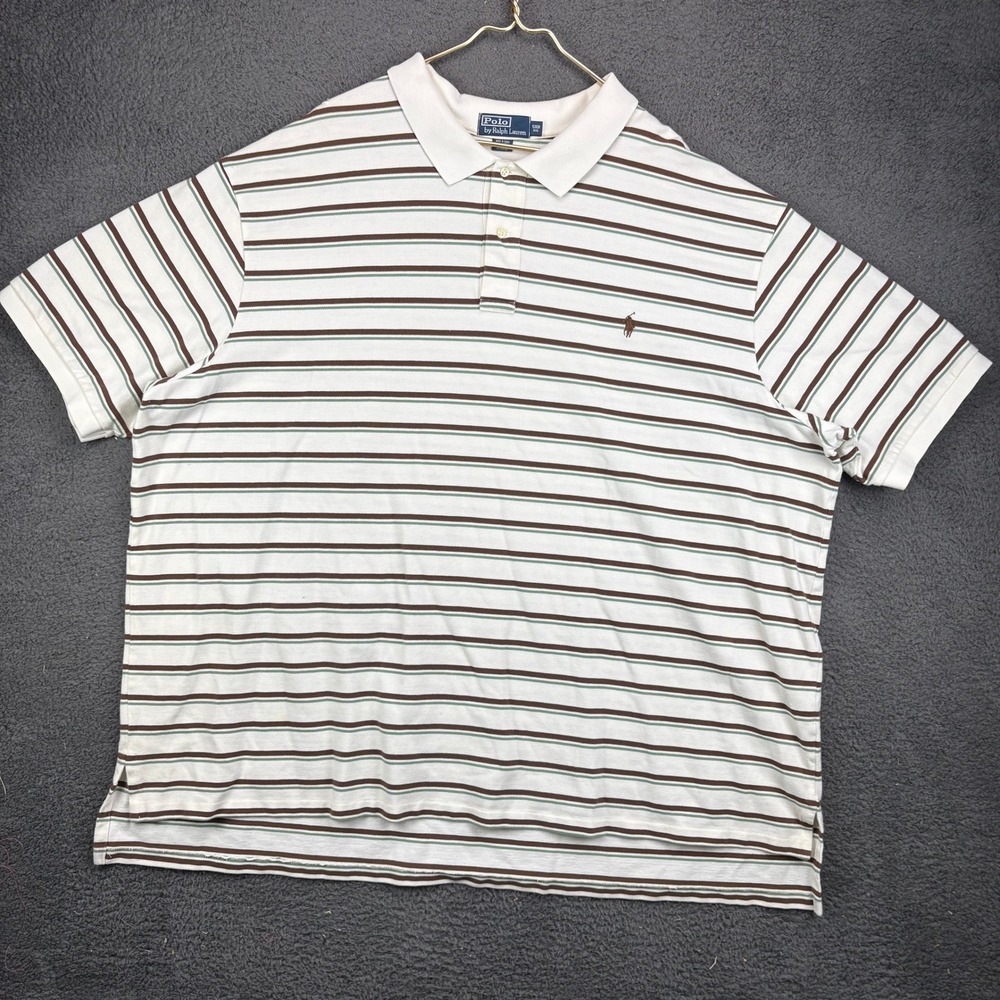 Polo Ralph Lauren Mens 5XB Big Striped Polo Shirt White Brown Green Cotton Pique